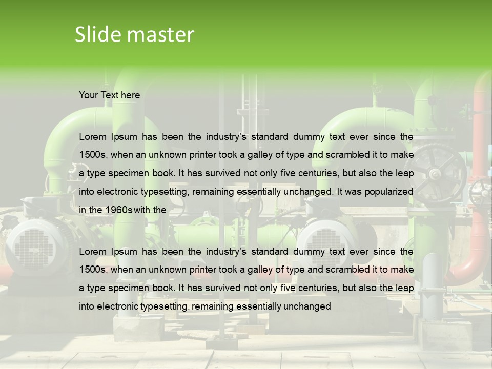 Pumps, Valves And Green Steel Pipes At Industrial Cooling Tower. PowerPoint Template
