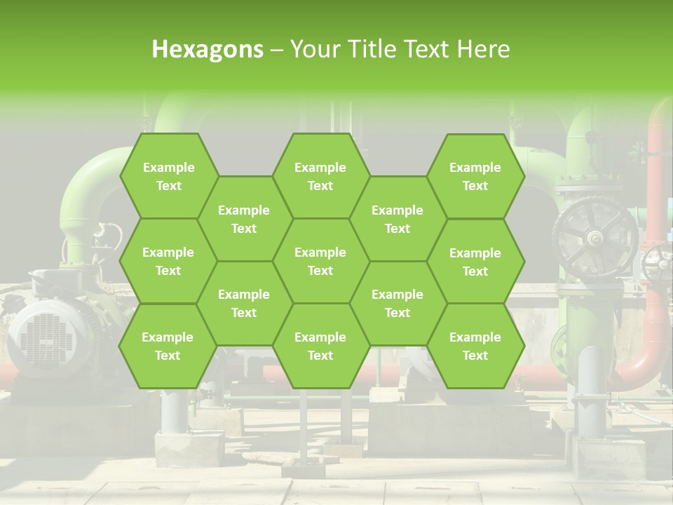 Pumps, Valves And Green Steel Pipes At Industrial Cooling Tower. PowerPoint Template