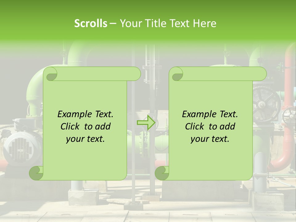 Pumps, Valves And Green Steel Pipes At Industrial Cooling Tower. PowerPoint Template