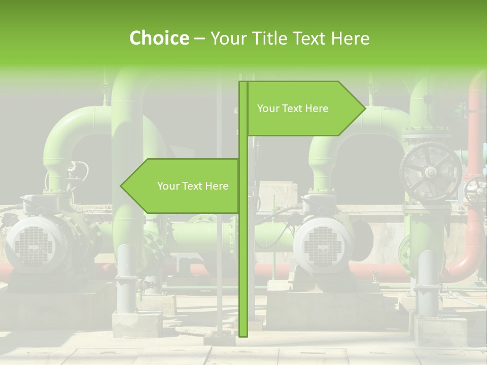 Pumps, Valves And Green Steel Pipes At Industrial Cooling Tower. PowerPoint Template