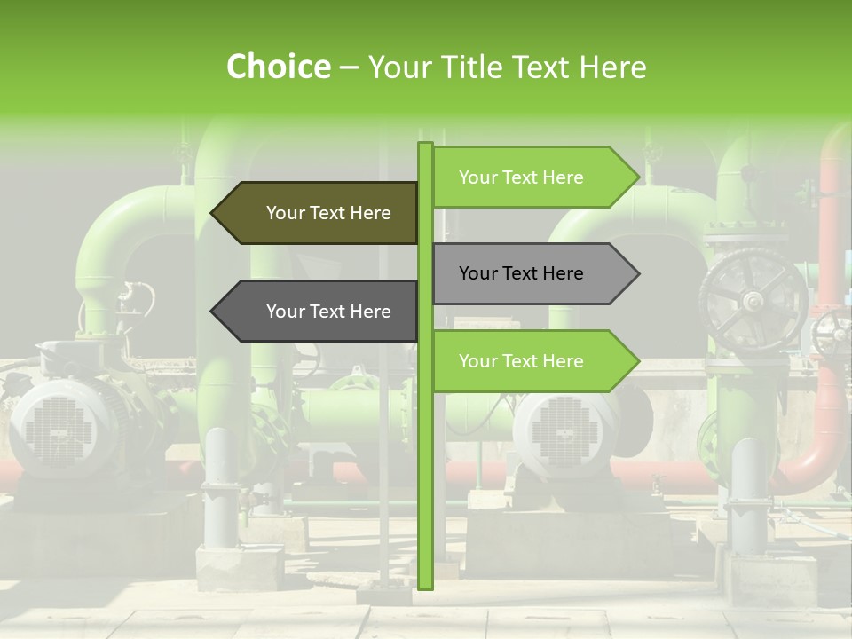 Pumps, Valves And Green Steel Pipes At Industrial Cooling Tower. PowerPoint Template