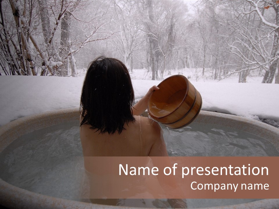 Young Japanese Woman In An Open Air Hot Onsen Bath PowerPoint Template