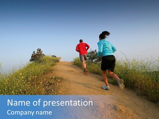 Two People Running On The Top Of A Hill PowerPoint Template