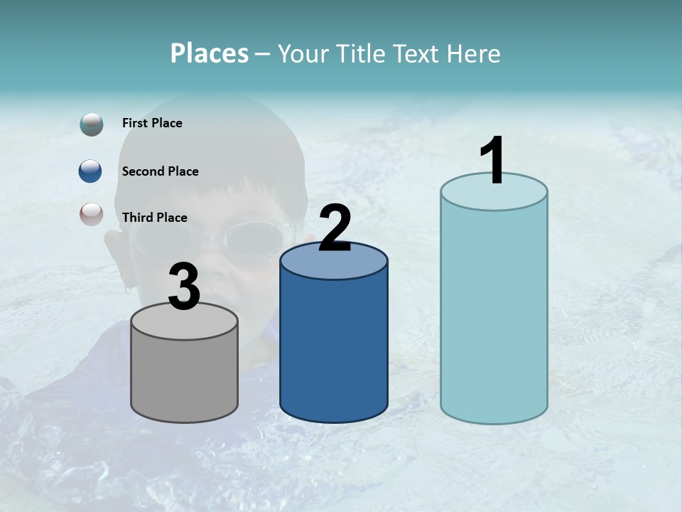 Cute Boy Swimming In Pool Wearing Blue Shirt And Goggles PowerPoint Template