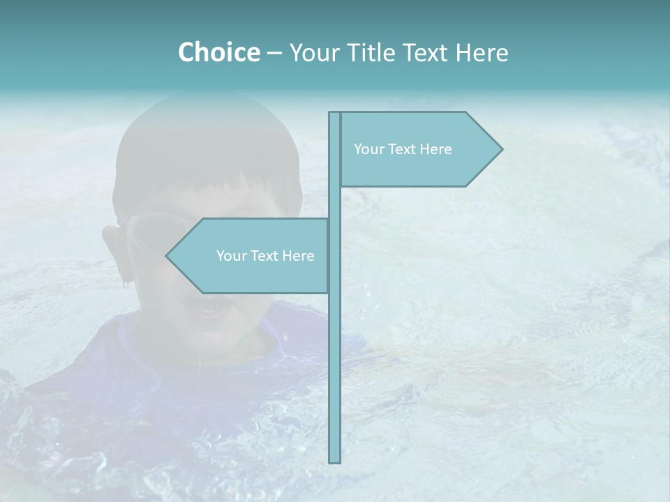 Cute Boy Swimming In Pool Wearing Blue Shirt And Goggles PowerPoint Template