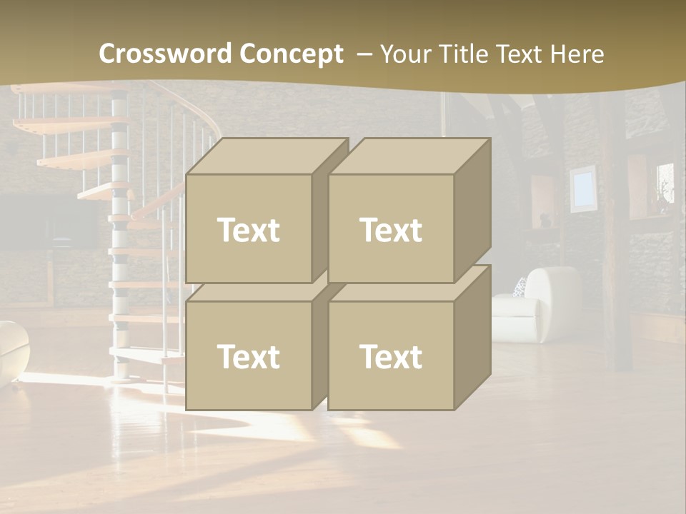 A Living Room Filled With Furniture And A Spiral Staircase PowerPoint Template