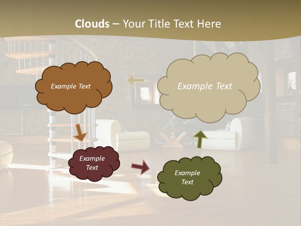 A Living Room Filled With Furniture And A Spiral Staircase PowerPoint Template