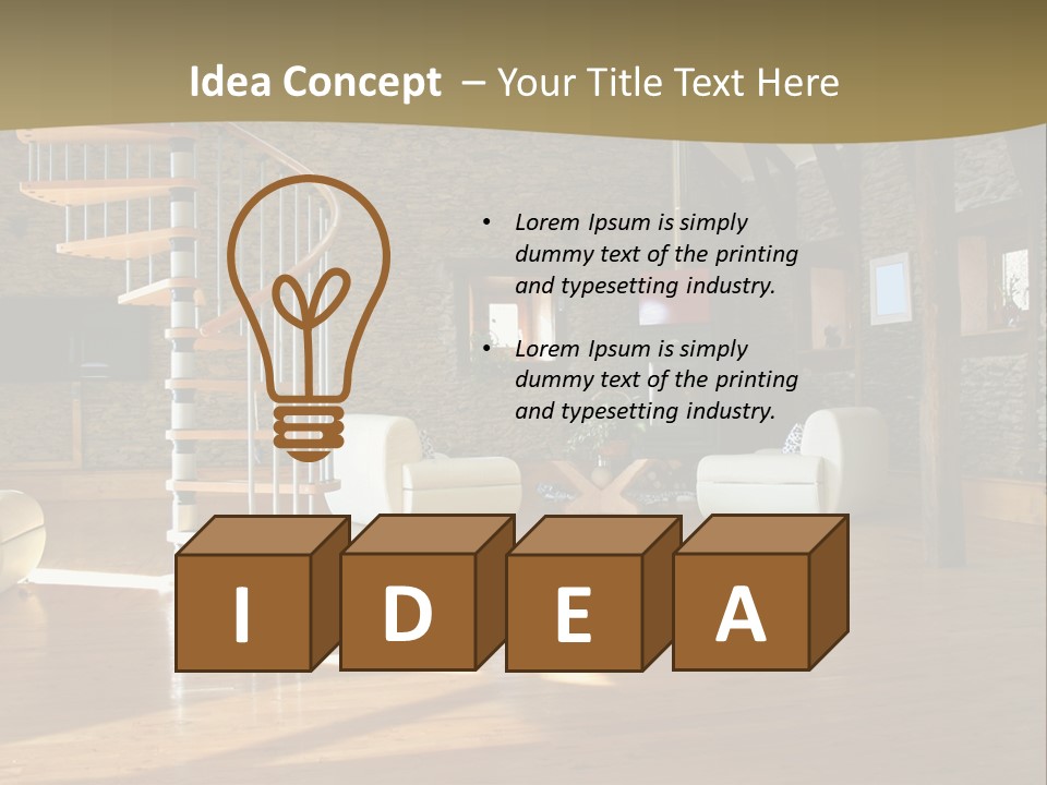 A Living Room Filled With Furniture And A Spiral Staircase PowerPoint Template