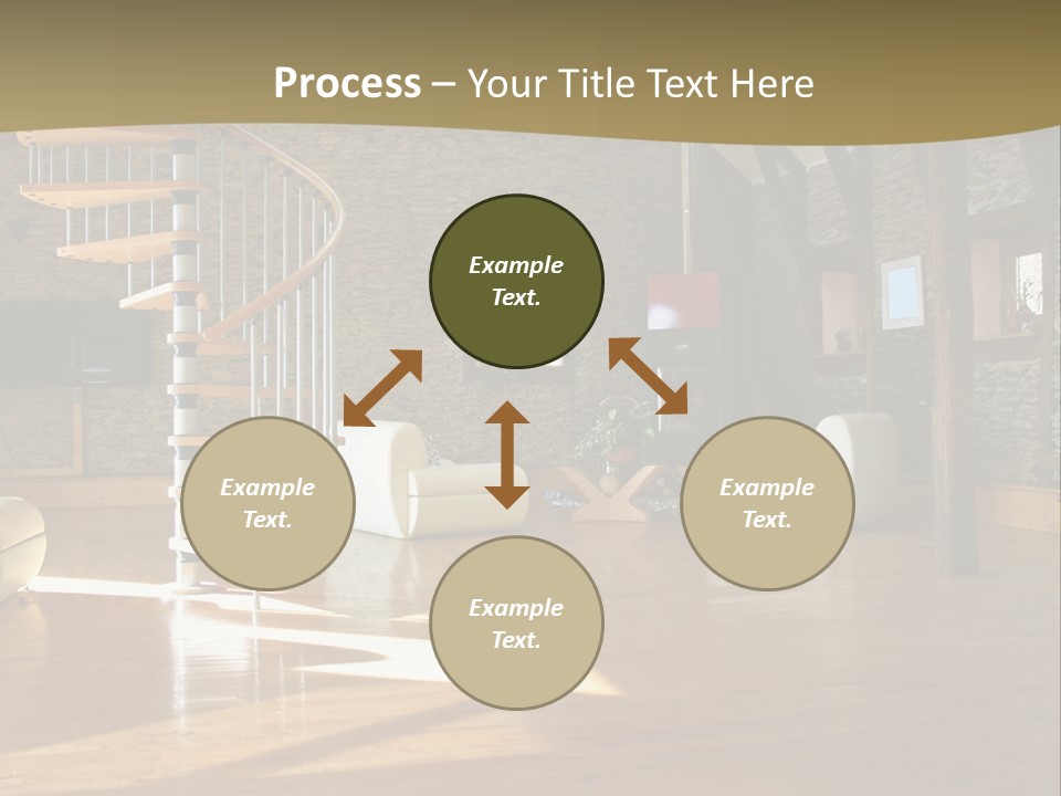 A Living Room Filled With Furniture And A Spiral Staircase PowerPoint Template