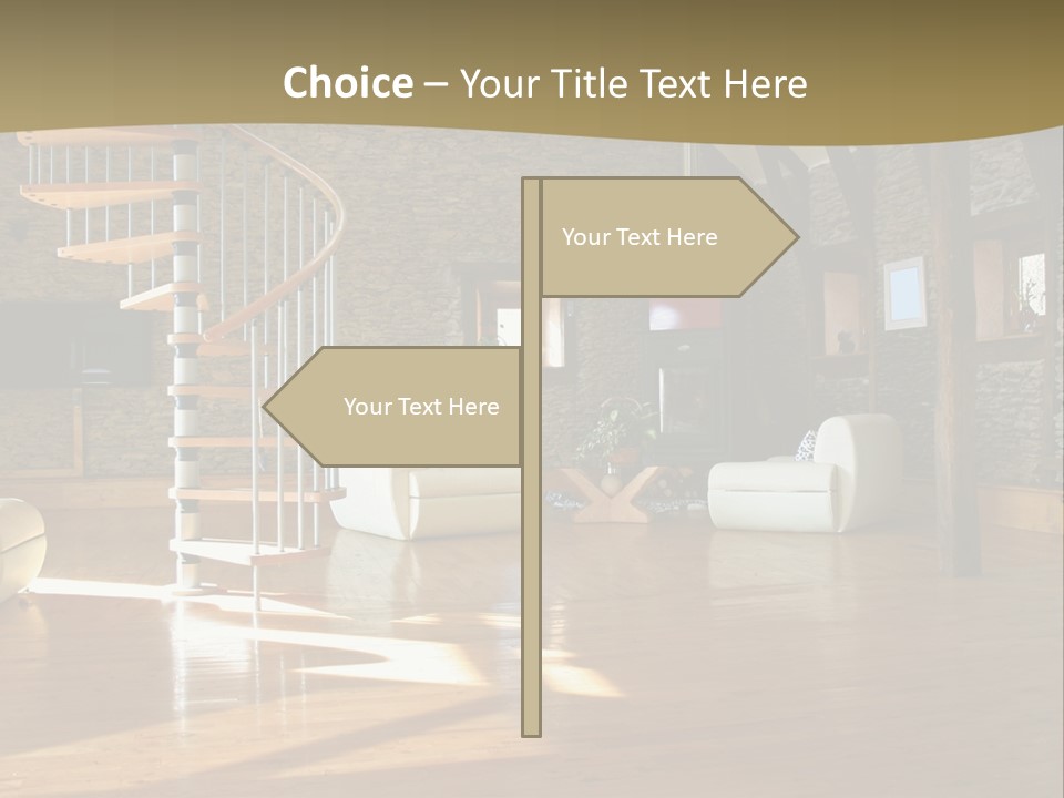 A Living Room Filled With Furniture And A Spiral Staircase PowerPoint Template