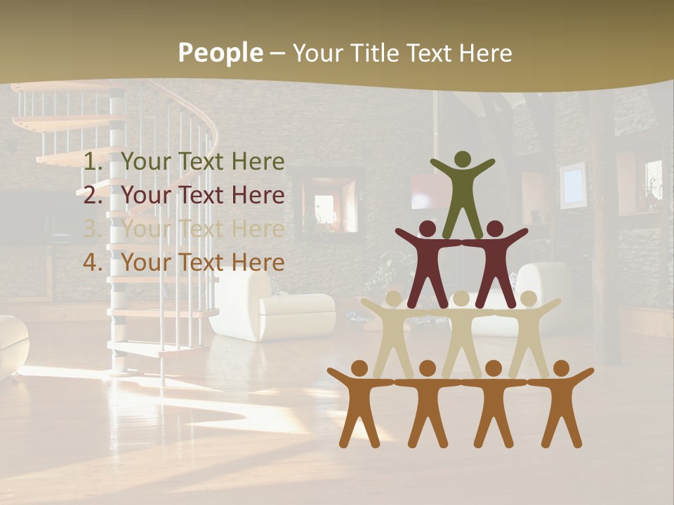 A Living Room Filled With Furniture And A Spiral Staircase PowerPoint Template