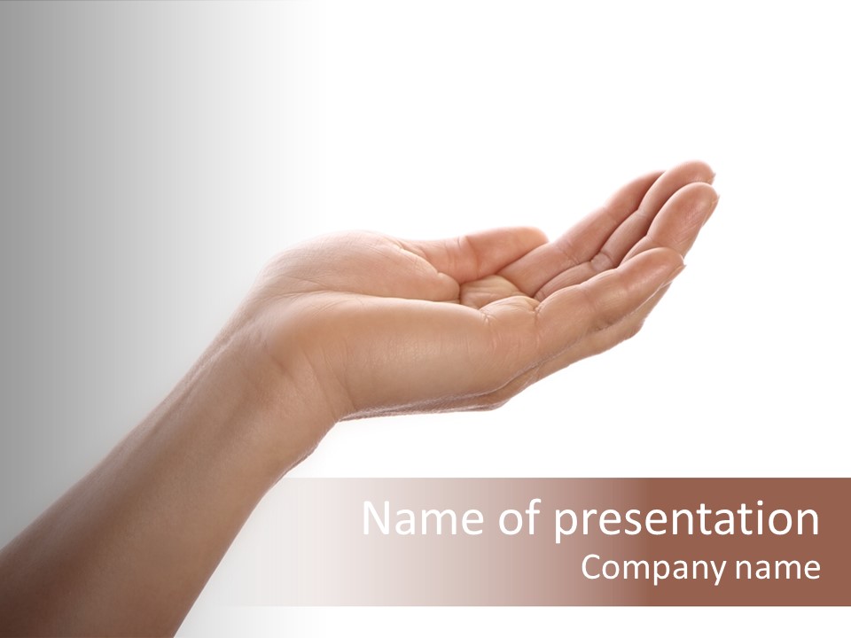 An Open Palm In Gesture Of Pleading Or Requesting, Isolated On White. PowerPoint Template