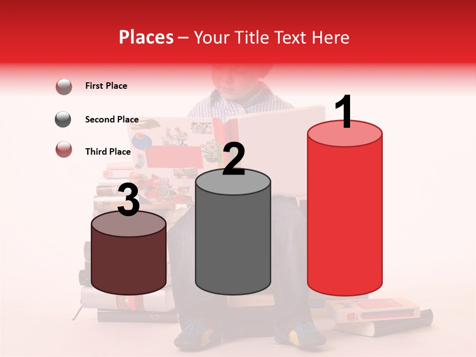 Young Boy Sitting On A Pile Of Books Reading Against A White Background PowerPoint Template