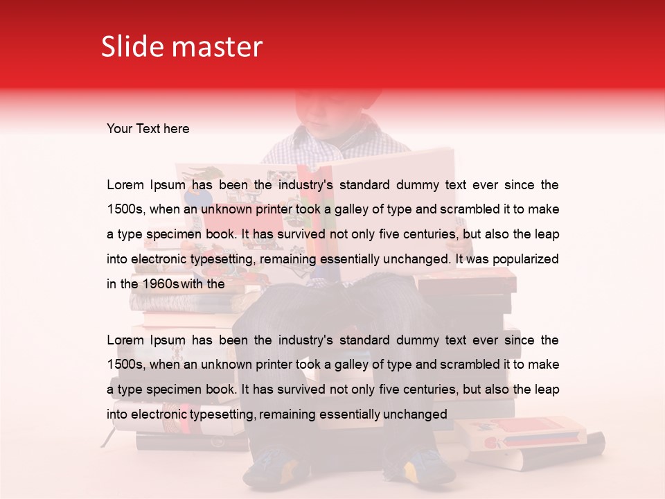 Young Boy Sitting On A Pile Of Books Reading Against A White Background PowerPoint Template