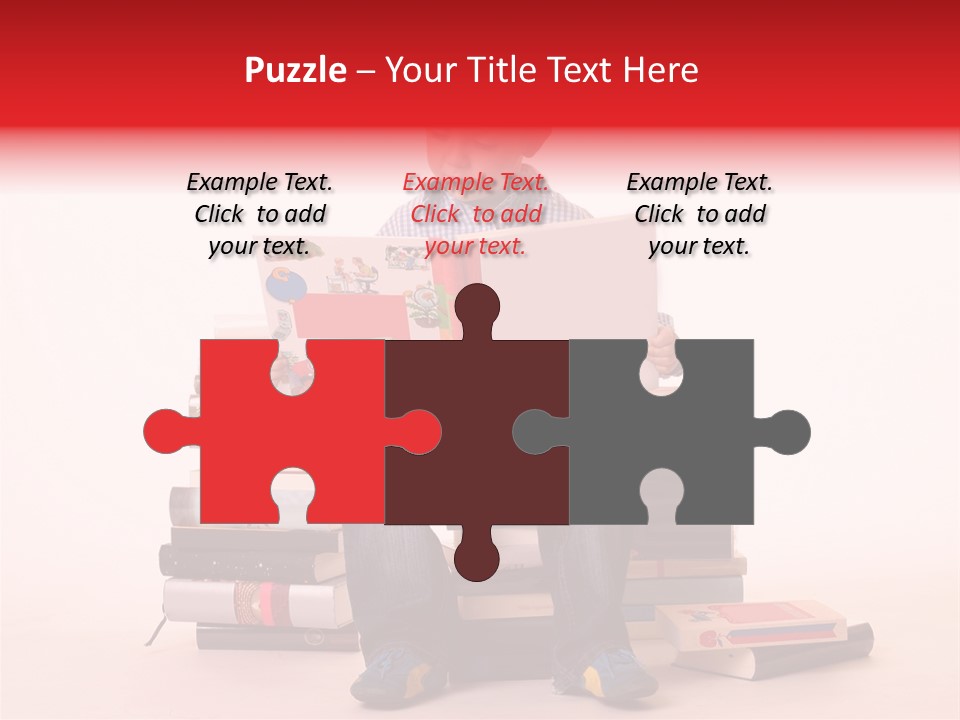 Young Boy Sitting On A Pile Of Books Reading Against A White Background PowerPoint Template