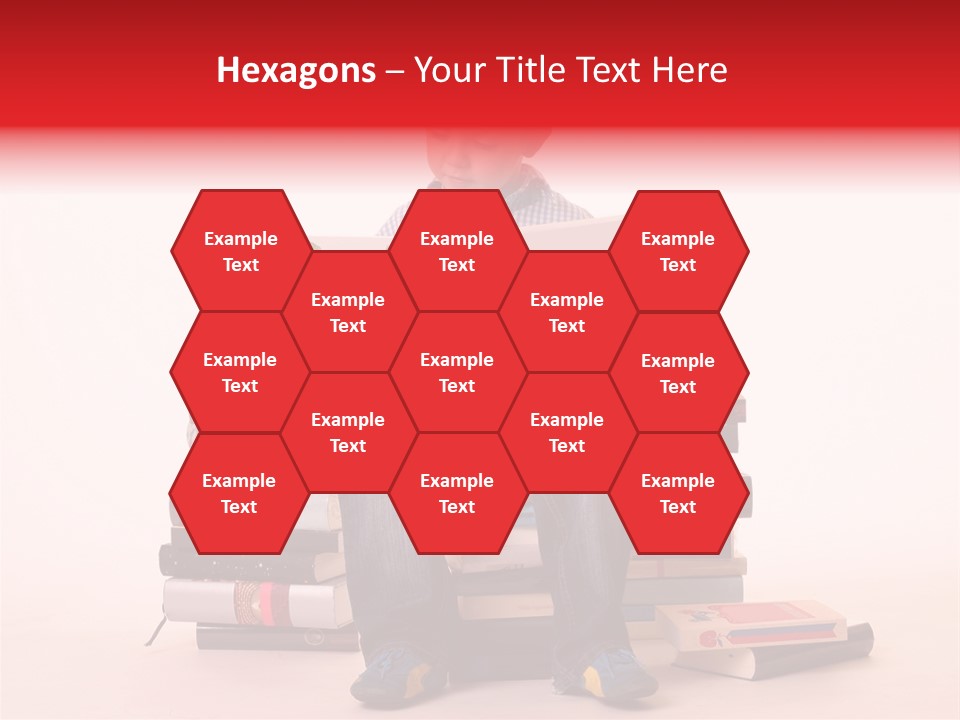 Young Boy Sitting On A Pile Of Books Reading Against A White Background PowerPoint Template