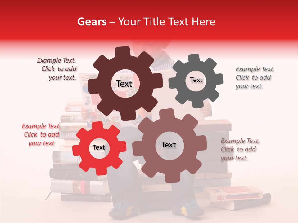 Young Boy Sitting On A Pile Of Books Reading Against A White Background PowerPoint Template