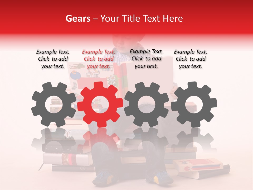 Young Boy Sitting On A Pile Of Books Reading Against A White Background PowerPoint Template