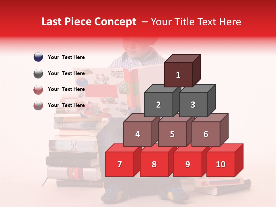 Young Boy Sitting On A Pile Of Books Reading Against A White Background PowerPoint Template