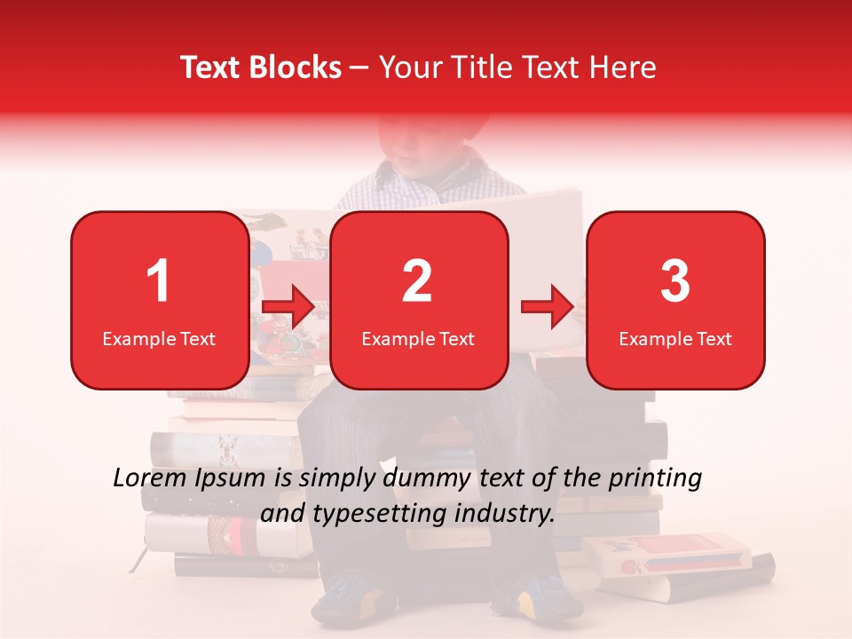 Young Boy Sitting On A Pile Of Books Reading Against A White Background PowerPoint Template
