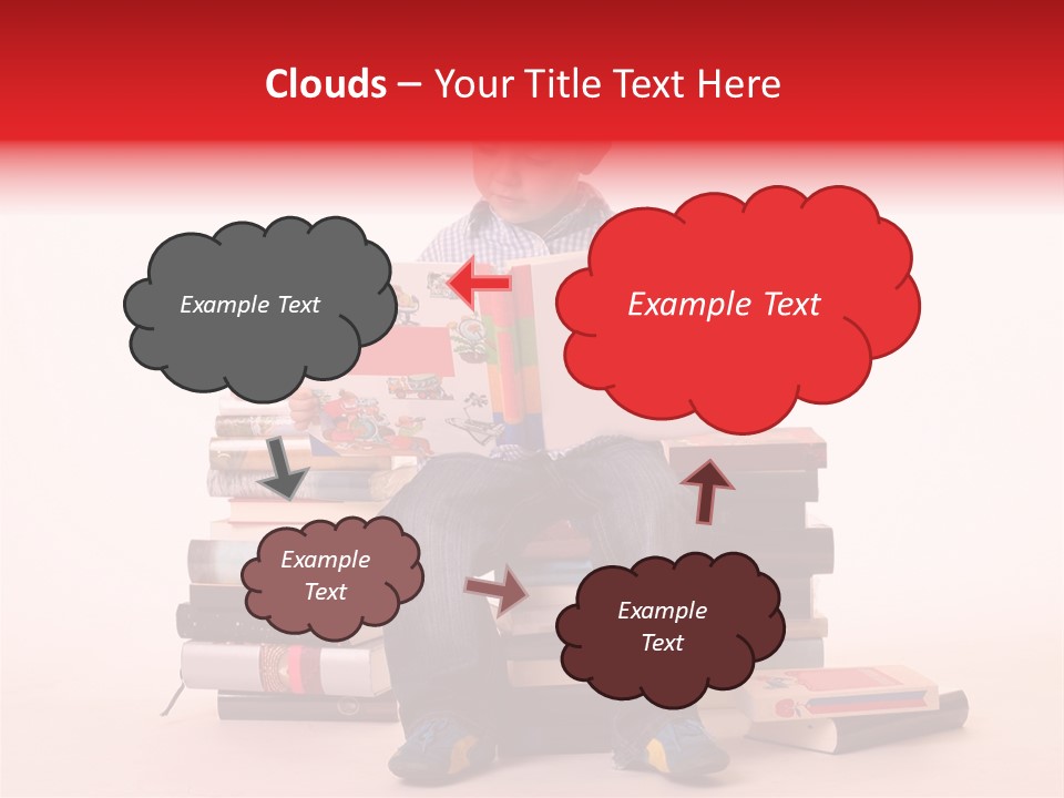 Young Boy Sitting On A Pile Of Books Reading Against A White Background PowerPoint Template