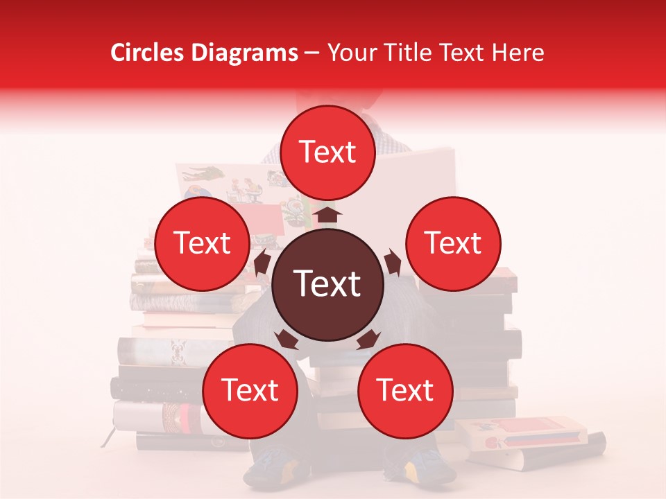 Young Boy Sitting On A Pile Of Books Reading Against A White Background PowerPoint Template