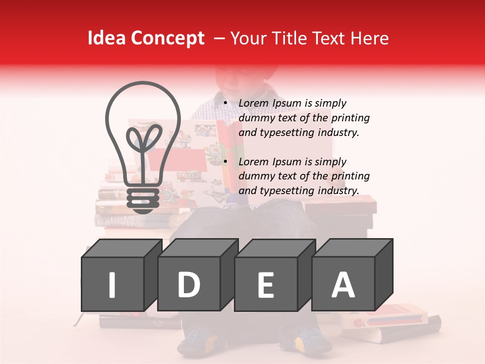 Young Boy Sitting On A Pile Of Books Reading Against A White Background PowerPoint Template