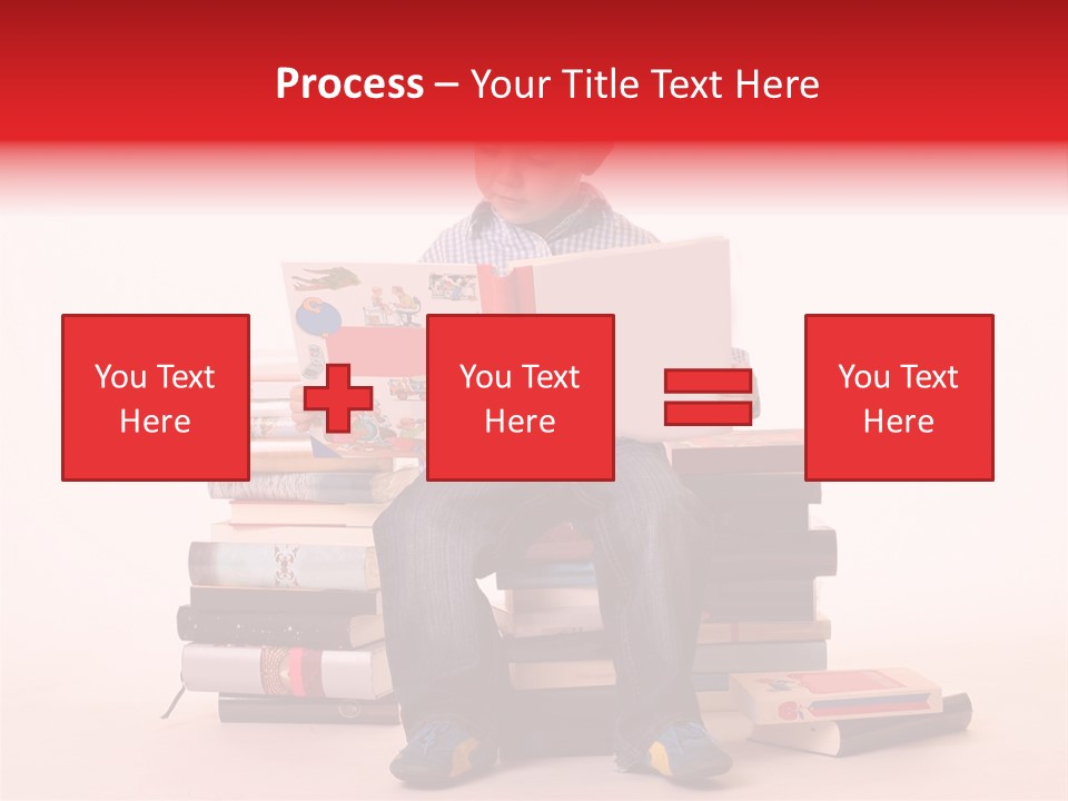 Young Boy Sitting On A Pile Of Books Reading Against A White Background PowerPoint Template
