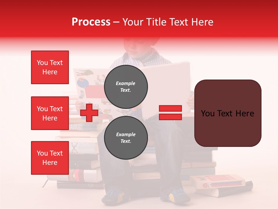 Young Boy Sitting On A Pile Of Books Reading Against A White Background PowerPoint Template