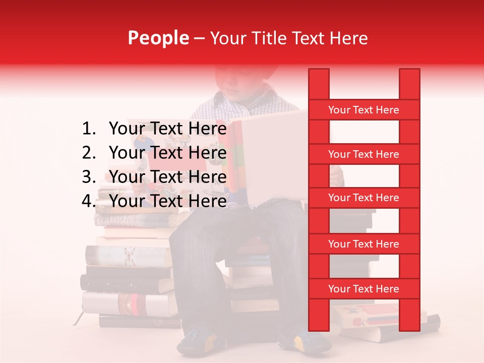 Young Boy Sitting On A Pile Of Books Reading Against A White Background PowerPoint Template