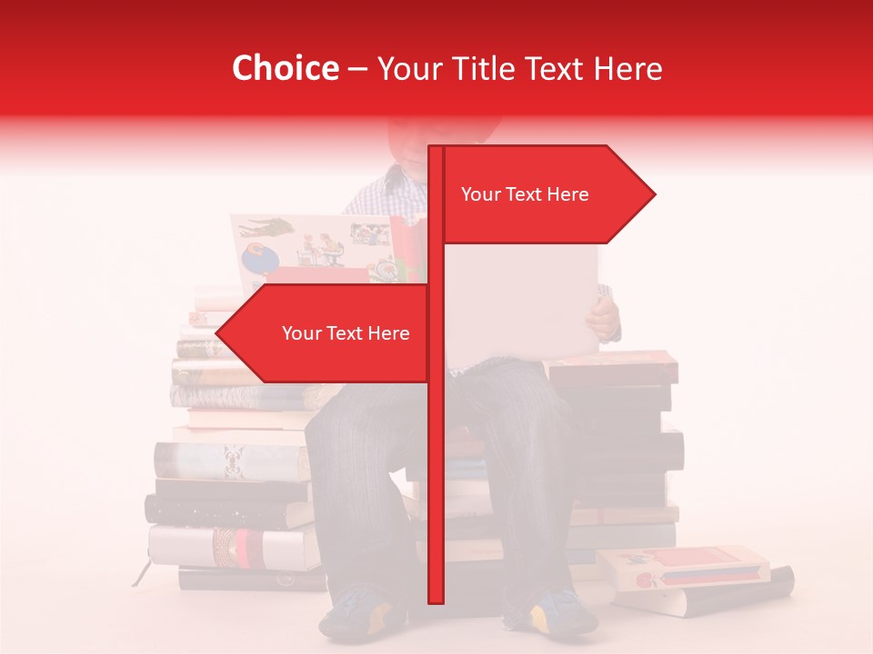 Young Boy Sitting On A Pile Of Books Reading Against A White Background PowerPoint Template