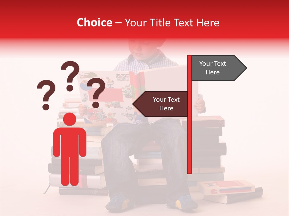 Young Boy Sitting On A Pile Of Books Reading Against A White Background PowerPoint Template