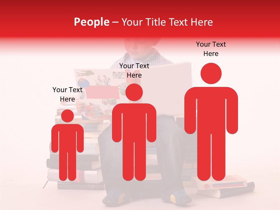 Young Boy Sitting On A Pile Of Books Reading Against A White Background PowerPoint Template