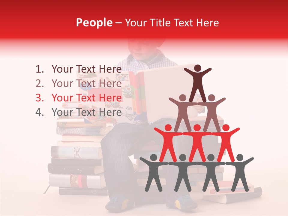 Young Boy Sitting On A Pile Of Books Reading Against A White Background PowerPoint Template