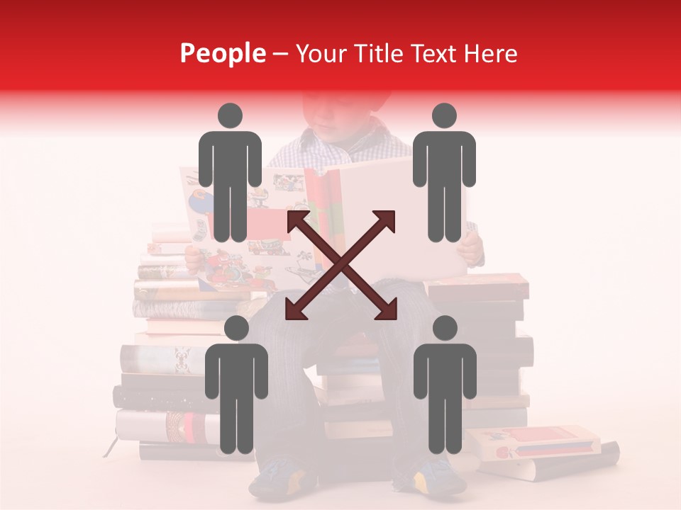 Young Boy Sitting On A Pile Of Books Reading Against A White Background PowerPoint Template