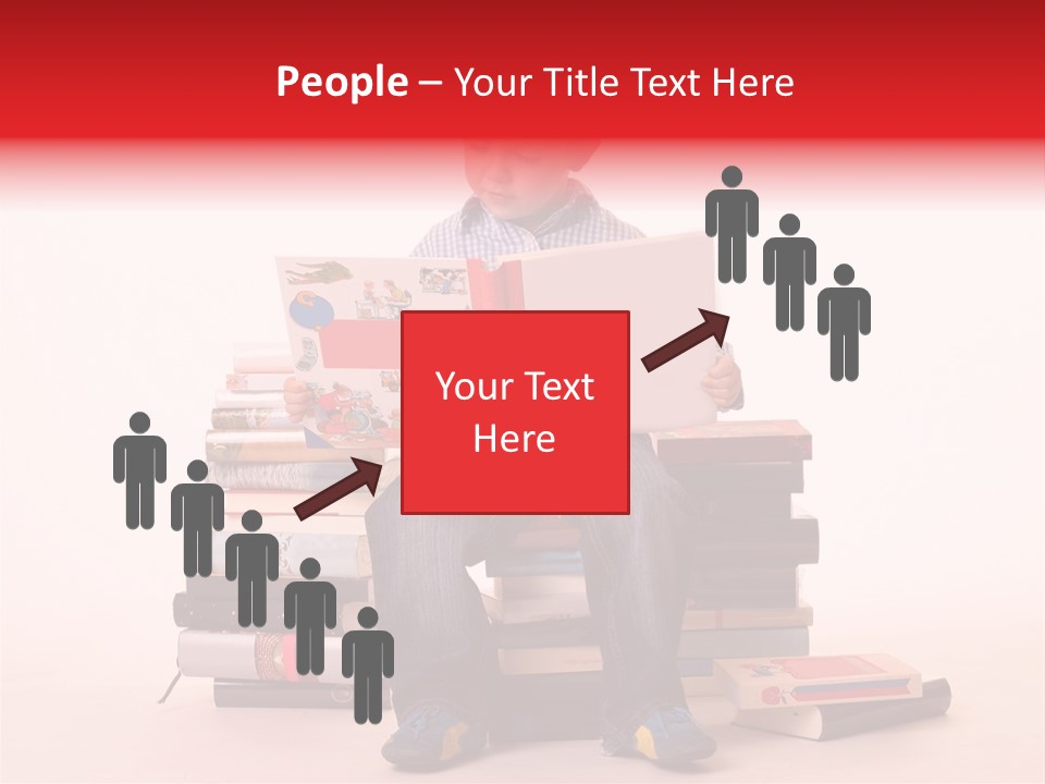 Young Boy Sitting On A Pile Of Books Reading Against A White Background PowerPoint Template