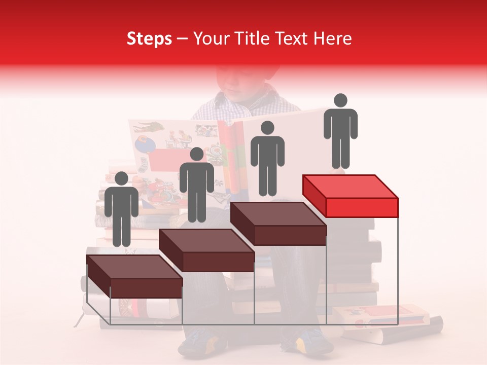 Young Boy Sitting On A Pile Of Books Reading Against A White Background PowerPoint Template