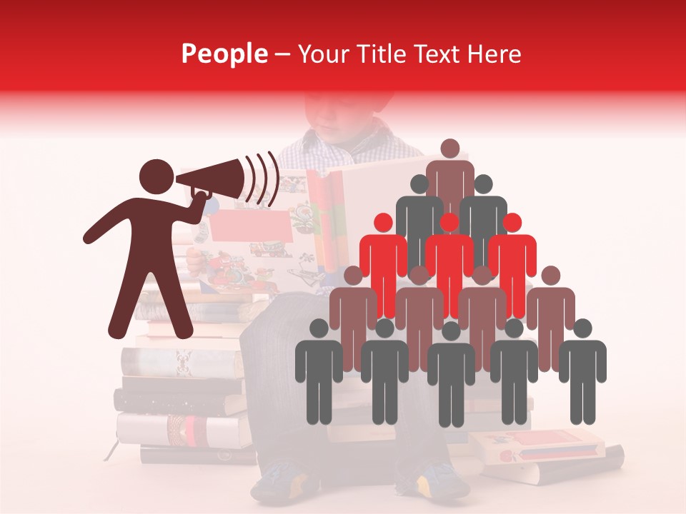 Young Boy Sitting On A Pile Of Books Reading Against A White Background PowerPoint Template