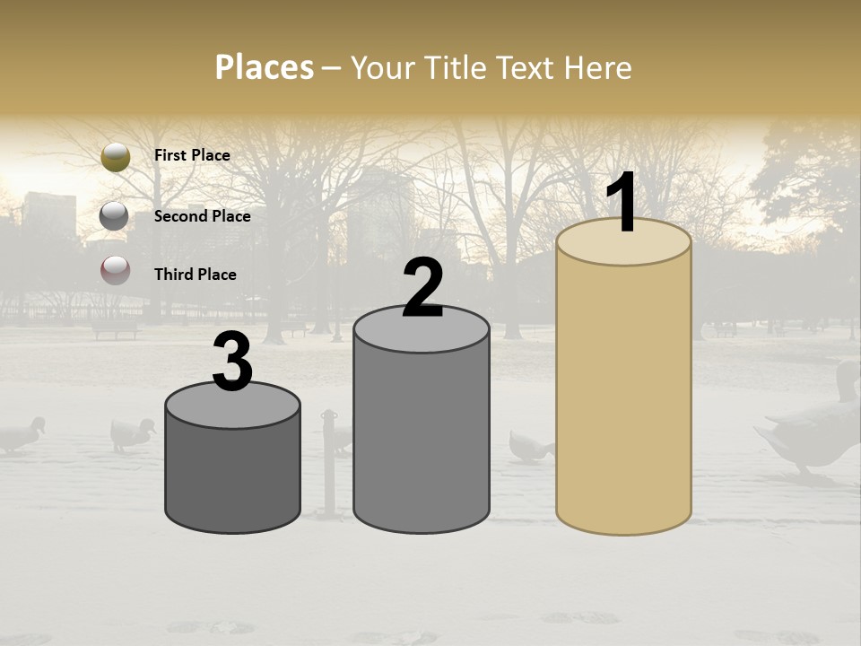 The Famous Family Of Brass Ducks In Boston's Public Gardens After A Small Snow Storm At Sunrise With Skyscrapers In The Background PowerPoint Template