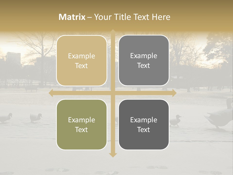 The Famous Family Of Brass Ducks In Boston's Public Gardens After A Small Snow Storm At Sunrise With Skyscrapers In The Background PowerPoint Template