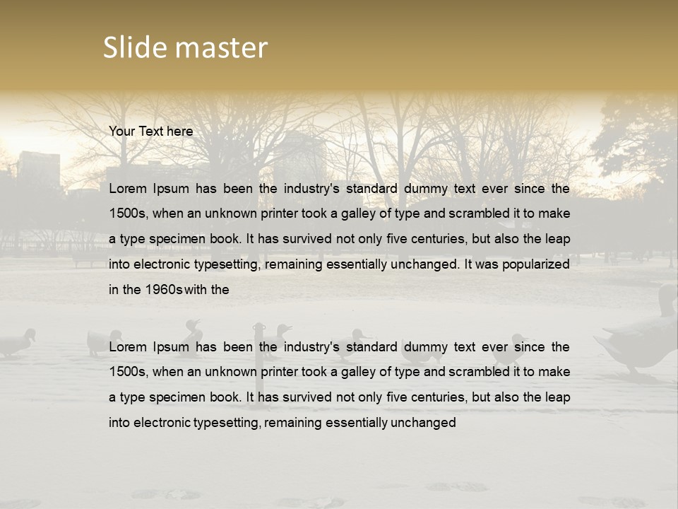 The Famous Family Of Brass Ducks In Boston's Public Gardens After A Small Snow Storm At Sunrise With Skyscrapers In The Background PowerPoint Template