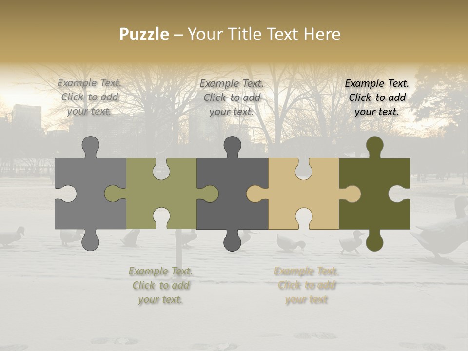 The Famous Family Of Brass Ducks In Boston's Public Gardens After A Small Snow Storm At Sunrise With Skyscrapers In The Background PowerPoint Template