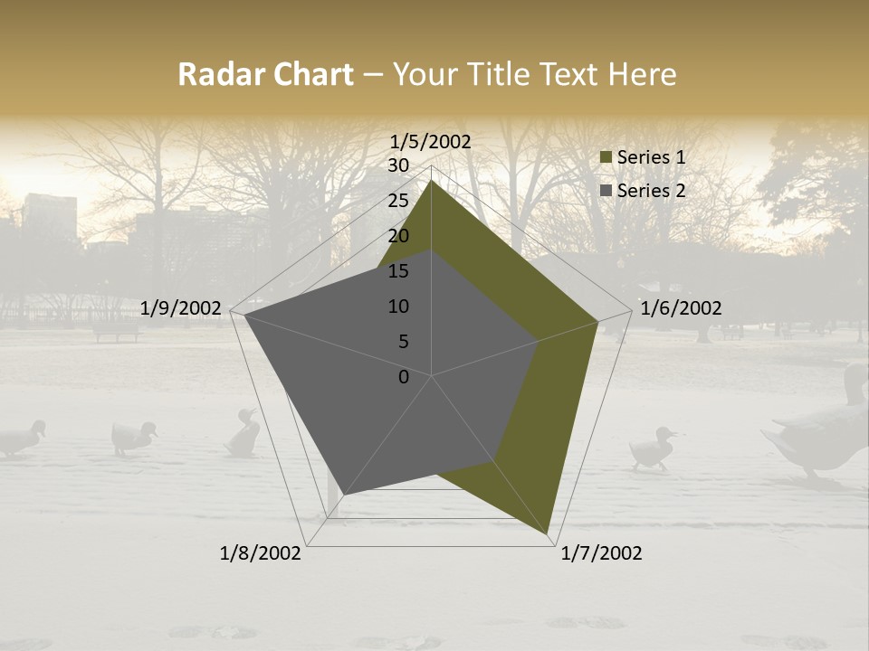 The Famous Family Of Brass Ducks In Boston's Public Gardens After A Small Snow Storm At Sunrise With Skyscrapers In The Background PowerPoint Template
