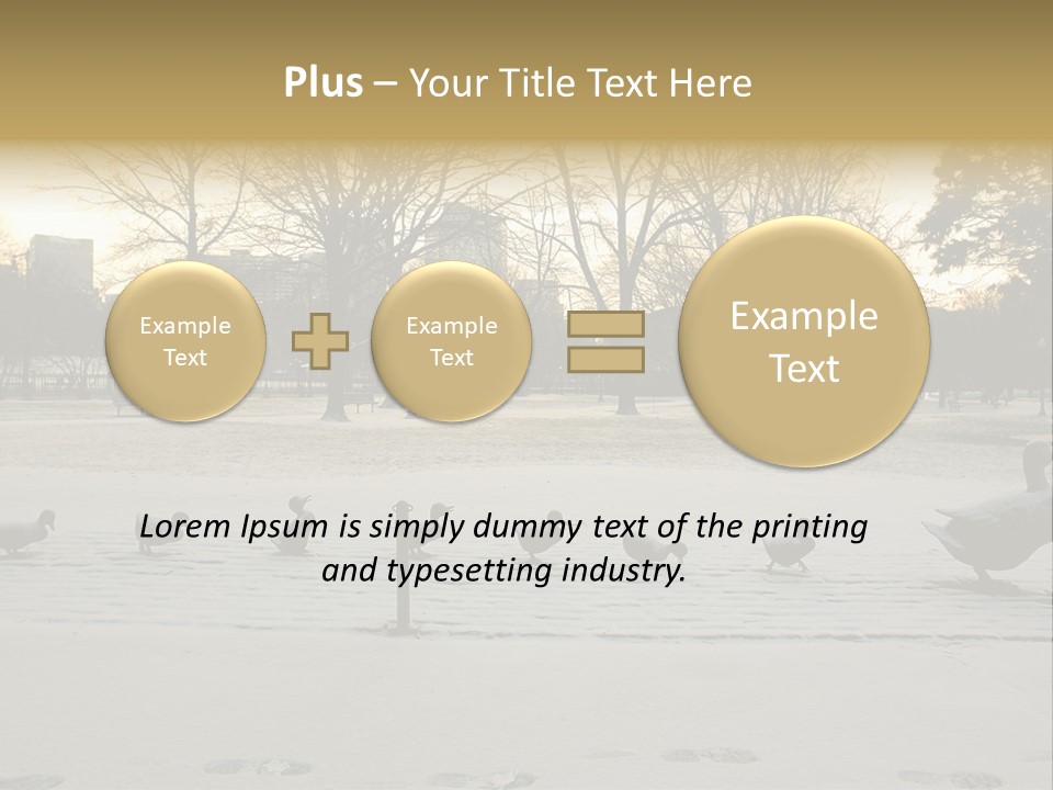 The Famous Family Of Brass Ducks In Boston's Public Gardens After A Small Snow Storm At Sunrise With Skyscrapers In The Background PowerPoint Template