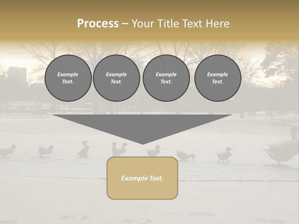 The Famous Family Of Brass Ducks In Boston's Public Gardens After A Small Snow Storm At Sunrise With Skyscrapers In The Background PowerPoint Template