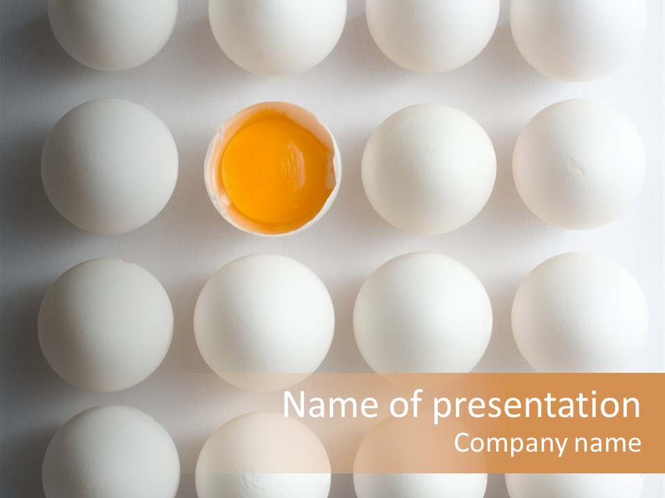Block Of Sixteen Eggs; Fifteen Are Undisturbed, The Last Is Halved With The Yolk Sitting The Shell. Shot From Above On White Background. PowerPoint Template