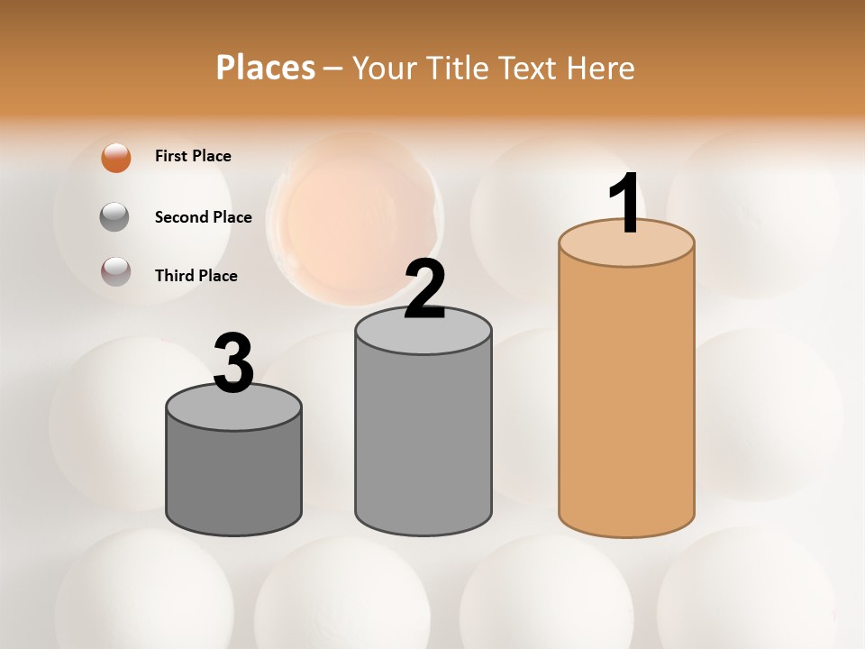 Block Of Sixteen Eggs; Fifteen Are Undisturbed, The Last Is Halved With The Yolk Sitting The Shell. Shot From Above On White Background. PowerPoint Template