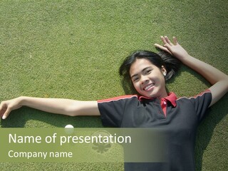 Young, Female Golf Player Smiling And Embracing The Hole At A Golf Course. PowerPoint Template