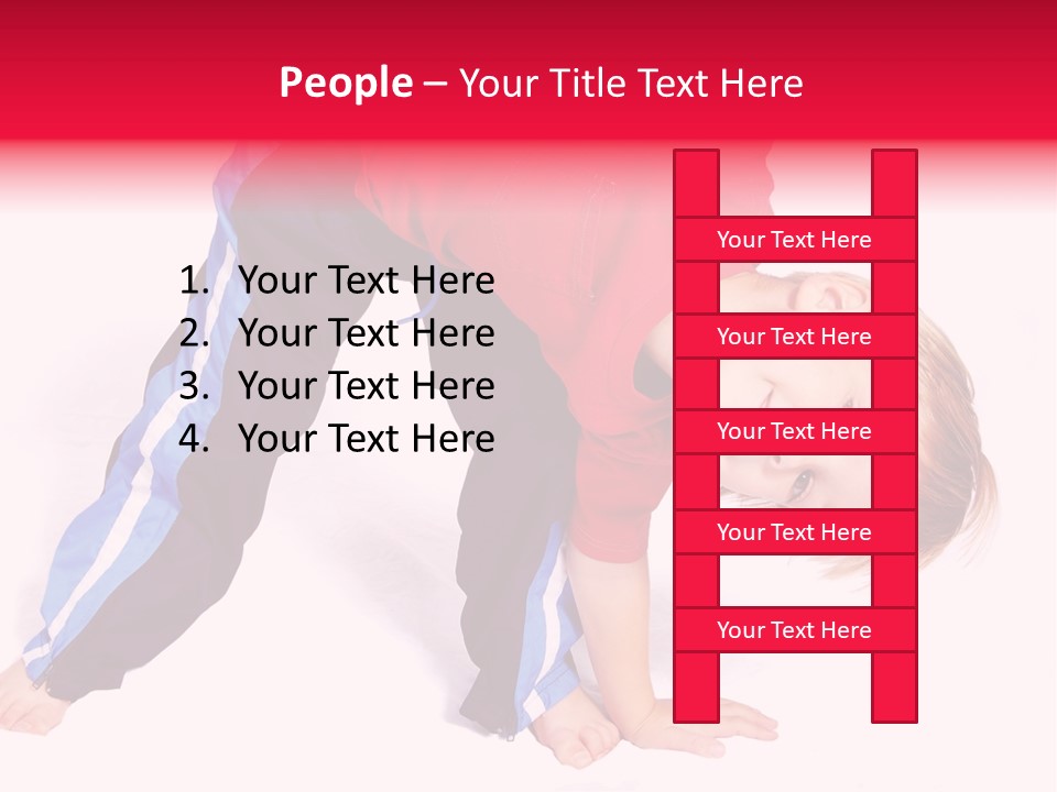 A Cute Four Year Old Boy Wearing Red And Blue Bending Over To Touch His Right Toes. PowerPoint Template