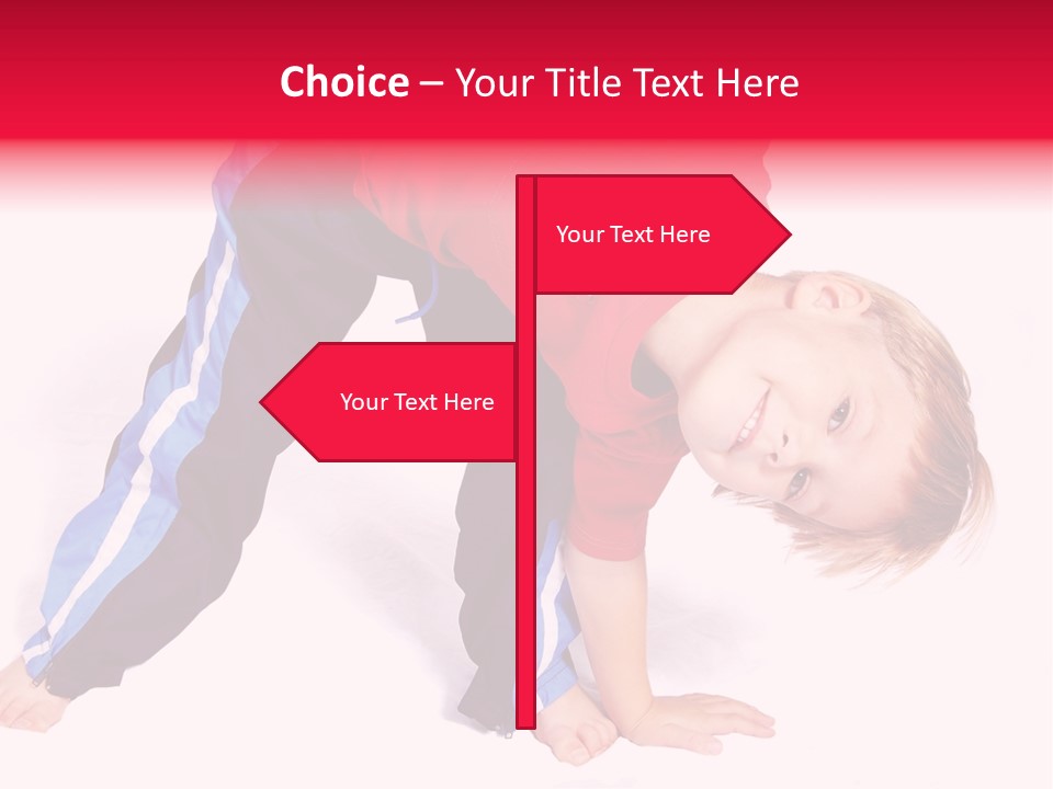 A Cute Four Year Old Boy Wearing Red And Blue Bending Over To Touch His Right Toes. PowerPoint Template
